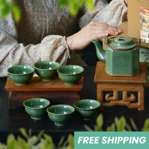 Bộ Quà Tặng Ấm Trà Lục Giác Xanh Pha Lê, BST Crystal Green, Món Quà Tân Gia Hoàn Hảo Cho Mọi Nhà, Gốm Men Hoả Biến, Gốm Thủ Công Việt, Món Quà Ý Nghĩa