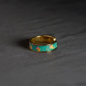 Nhẫn Thép “Cầm” Bọc Da Vẽ Tay, Màu Vàng, Vẻ Đẹp Của Thanh Âm, BST Nhẫn Cầm Kỳ Thi Họa, Phụ Kiện Nghệ Thuật, Nhẫn Nghệ Thuật, Quà Tặng Độc Đáo