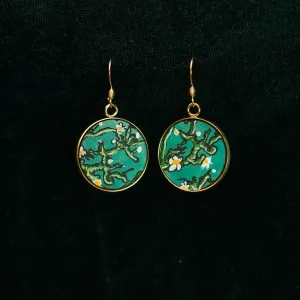 “Almond Blossom” Metal Earing with Hand-Drawn Leather, Lively Art Piece, Famous Painting Earings Collection, Van Gogh Pattern, Unique Gifts