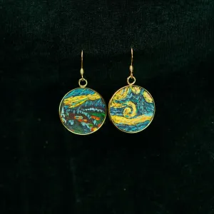 “Starry Night” Metal Earrings with Hand-Drawn Leather, Mysterious Colors, Famous Painting Earrings Collection, Van Gogh Pattern, Unique Gifts