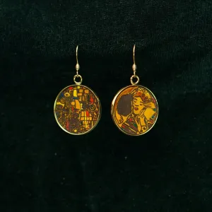 “The Kiss” Metal Earrings with Hand-Drawn Leather, Brilliant Colors of Love, Famous Painting Earrings Collection, Gustav Klimt Pattern, Unique Gifts