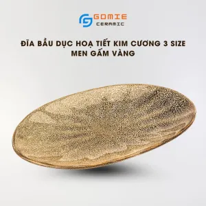 Đĩa Gốm Bầu Dục Men Gấm Vàng Hỏa Biến, Họa Tiết Kim Cương, Phong Cách Hoàng Gia, Khay Bầu Dục, Gốm Bát Tràng, Gốm Sứ Cao Cấp, Quà Tặng Tinh Tế