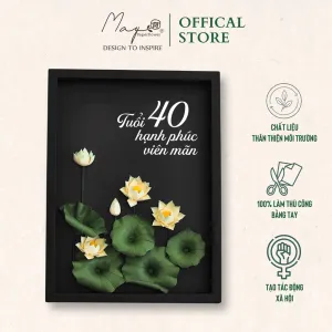 Tranh Hoa Giấy Handmade Trang Trí - Hoa Sen Thư Pháp MAYPAPERFLOWER Khung Tranh Gỗ Size 30x40cm