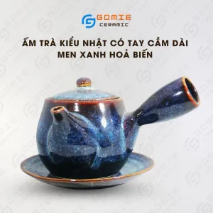Ấm Trà Gốm Men Xanh Hỏa Biến Kiểu Nhật, 600ml, Tay Cầm Dài, Gốm Sứ Bát Tràng, Làm Mới Những Phút Giây Thưởng Trà, Bình Trà Gốm Sứ, Quà Tặng Tinh Tế