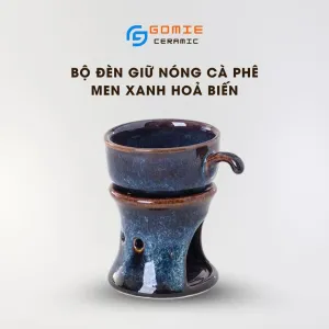 Bộ Đèn Gốm Giữ Nóng Cà Phê, Men Xanh Hỏa Biến, Ánh Sáng Và Hương Thơm Giao Hòa, Gốm Sứ Bát Tràng, Đèn Đốt Tinh Dầu Gốm Sứ, Đèn Xông Tinh Dầu