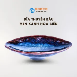 Đĩa Thuyền Bầu Men Xanh Hỏa Biến, Gốm Sứ Bát Tràng, Kiệt Tác Cho Bàn Ăn, Đĩa Gốm, Đĩa Thuyền Cạn, Gốm Hỏa Biến Thượng Hạng, Trang Trí Bàn Tiệc