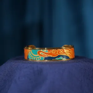 Crane Metal Cuff Bracelet With Hand-Painted Leather, Leather Bracelet Talent And Beauty Collection, Leather Accessories, Vietnamese Pattern