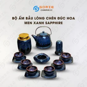 Bộ Ấm Bầu 7 Món Men Xanh Sapphire Hỏa Biến, Gốm Sứ Bát Tràng, Tiện Nghi Và Nghệ Thuật, Bình Gốm, Chén Lòng Hoa, Trang Trí Nội Thất, Quà Tặng Cao Cấp