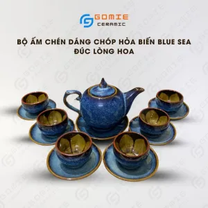 Bộ Ấm Chén Dáng Chóp Hỏa Biến Xanh Biển Lòng Hoa, Gốm Men Hỏa Biến, Phong Cách Huyền Bí, Bình Trà Gốm Sứ, Gốm Bát Tràng, Ấm Trà Gốm, Quà Tặng Cao Cấp