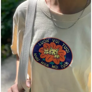“Luonvuituoi" Cotton T-Shirt - Emotion, Breathable Cotton T-Shirt, Three-Quarter Sleeve T-Shirt, Embroidered Pattern T-Shirt