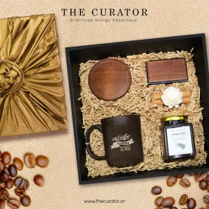 "Awake Every Sense" Gift Box, Nature Lover's Choice, Wooden Coaster, Coffee Cup, Wooden Card Holder, Gia Lai Coffee, Luxury Silk Box, Gift Set