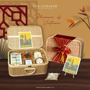 "Flavors Of Vietnam" Gift Box, Authentic Vietnamese Product Set, Chocolate, Robusta Coffee, Nut Jam, Tea Jar, Woven Bamboo Gift Box, Vietnamese Gifts