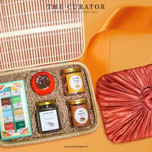 "Flavors Of Vietnam" Gift Box, Authentic Vietnamese Product Set, Chocolate, Robusta Coffee, Nut Jam, Tea Jar, Woven Bamboo Gift Box, Vietnamese Gifts