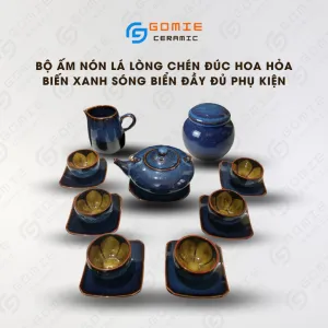 Bộ Ấm Nón Lá Men Xanh Biển Hỏa Biến 6 Món, Gốm Sứ Bát Tràng Cao Cấp, Chén Đúc Lòng Hoa, Bình Trà Gốm Nghệ Thuật, Đầy Đủ Phụ Kiện, Quà Tặng Tinh Tế
