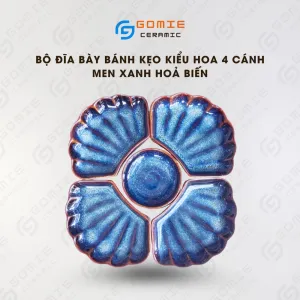 Four-Petal Blue Glaze Ceramic Dessert Plate Set, Bat Trang Ceramics, Art Ceramics, Home Decor, Clam Plates and Round Bowl, Housewarming Gifts
