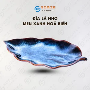 Đĩa Lá Nho Men Xanh Hỏa Biến, 24 x 13cm, Gốm Sứ Bát Tràng Cao Cấp, Đĩa Gốm Hỏa Biến, Đồ Gốm Thiết Kế Sáng Tạo, Trang Trí Nội Thất, Đồ Dùng Bàn Tiệc