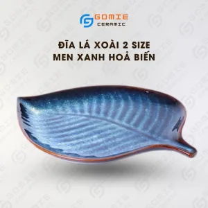 Blue Ocean Fire-Glaze Mango Leaf Plate, Bat Trang Ceramic, Mango Leaf Tray, Fire-Glazed Ceramic Plate, Handmade Ceramic Dish, Unique Home Decor,