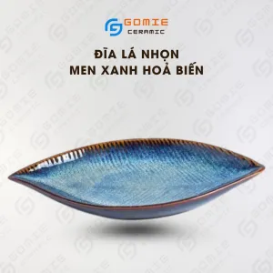 Ocean Blue Fire-Glazed Sharp Leaf Plate, 25 x 12cm, Bat Trang Ceramics, Handmade Ceramic Plate, Fire-Glazed Ceramic, Blue Plate, Table Decoration
