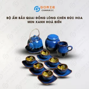 Bộ Ấm Bầu 8 Món Men Xanh Biển Hỏa Biến, Gốm Sứ Bát Tràng, Nghệ Thuật Cổ Điển, Bình Gốm Quai Đồng, Chén Lòng Hoa, Trang Trí Nội Thất, Quà Tặng Cao Cấp