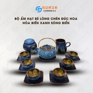 Bộ Ấm Hạt Bé Men Xanh Biển Hỏa Biến 6 Món, Gốm Sứ Bát Tràng, Chén Đúc Lồng Hoa, Bình Trà Gốm Hỏa Biến, Bình Gốm Thủ Công, Quà Tân Gia Tinh Tế