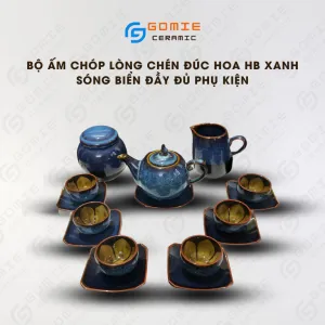 Bộ Ấm Chóp Gốm Sứ Men Xanh Biển Hỏa Biến 6 Món, Gốm Sứ Bát Tràng, Chén Đúc Lồng Hoa, Bình Trà Gốm Men Hỏa Biến, Đồ Gốm Thủ Công, Quà Tân Gia Tinh Tế