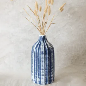 Blue Striped Ribbed Ceramic Vase, Unique Shibori Style, Abstract Art Vase, Classic Artistic Vase, Premium Ceramic, Elegant Housewarming Gift