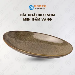 Đĩa Xoài Men Gấm Vàng Hỏa Biến, 30 x 15Cm, Gốm Sứ Bát Tràng, Đĩa Xoài Dáng Bầu, Khay Gốm Men Hỏa Biến, Đĩa Gốm Nghệ Thuật, Đồ Gốm Thủ Công Trang Trí