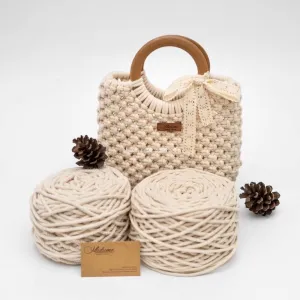 macrame handbag, wooden handle, simple and elegant design, subtle color palette, feminine accent for outfits, suitable for various occasions