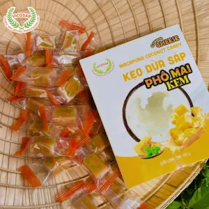 Experience the chewy creaminess of Cream Cheese Macapuno Coconut Candy, naturally colored and crafted from the land of Tra Vinh, making it the perfect healthy snack for the whole family