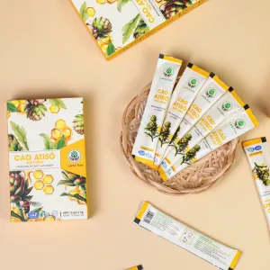 Cao Atiso Mật Ong hộp 12 gói, làm từ lá atiso tươi và mật ong nguyên chất, là thực phẩm chức năng hỗ trợ mát gan, được đóng gói tiện lợi, thích hợp làm quà tặng sức khỏe ý nghĩa