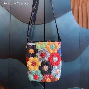 The "Xi Muoi" Quilted Bag is a festival of colors - a charming patchwork quilted mini tote, perfect as a handmade gift and a unique vintage accessory for her.