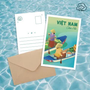 Vietnamese Floating Market Postcard – a glittering tribute to the Mekong Delta’s vibrant life, featuring unique artwork and a matching envelope, A perfect Vietnamese gift