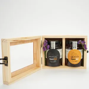 Coffee & Rambutan Blossom Honey Duo Gift Box - a pure sweetness from nature, elegantly packed in a wooden gift box with pure honey, featuring real honey from the garden, making it a perfect health gift set.