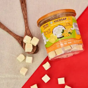 Sữa Chua Dừa Sáp Vị Trái Cây, lọ 60g, với hương vị đặc sản ngon lành, là sữa chua sấy khô cao cấp, sản phẩm từ dừa sáp, đặc sản Trà Vinh