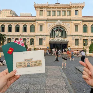 Ho Chi Minh Central Post Office Handmade Postcard from the I Love Saigon Collection showcases its vintage architectural charm in a hand-drawn postcard with envelope, a perfect souvenir for city lovers.