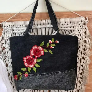 Red flower bag from old jeans – shine brighter on your active days, recycled handbag, sustainable fashion accessory, creative birthday gift, handmade gift.