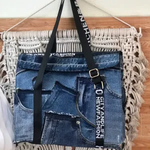 Patchwork flap tote bag from old jeans creates impressive shapes in any space while embodying sustainable fashion principles in a unique accessory that makes for a thoughtful handmade gift
