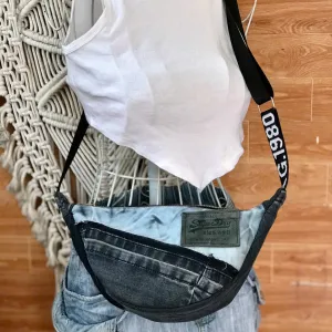 Contrast crossbody bag from old jeans where uniqueness and eco-friendliness take the throne, creating an upcycled accessory and unique birthday gift for sustainable fashion lovers.