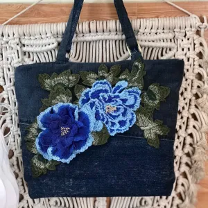 Blue flower tote bag from upcycled denim – unique handmade denim tote, sustainable fashion accessory, creative birthday gift for her, eco-friendly Vietnamese gift.