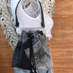 Gray tie-dye bucket bag from old jeans offers unique color palette for your style, creating an upcycled jeans accessory as impressive birthday gift and handcrafted gift.