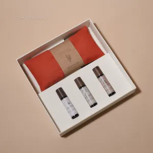 Eye care gift box nurtures every comfortable moment through personalized embroidered eye pillow paired with 3 relaxing essential oil rollers, creating fragrant and thoughtful birthday gift experience.