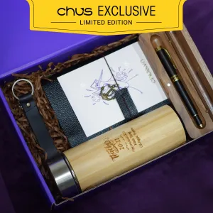 Personalized Imprint gift box preserves genuine emotions through custom engraving, featuring elegant bamboo tumbler with leather notebook and premium pen