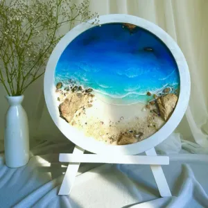 Tranh "Bình Minh Trên Biển" epoxy resin khung tròn 30cm mang sự tươi mới về góc nhà, tranh biển 3D treo tường thủ công làm quà tân gia ấn tượng.