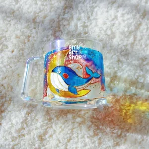 Blue Dream hand-painted glass cup with custom text and enchanting colors, whale pattern office mug as personalized unique birthday gift