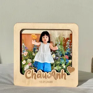 Engraved wooden photo frame for desk décor with your personal touch—tabletop picture frame, personalized Vietnamese souvenir, and unique birthday gift.