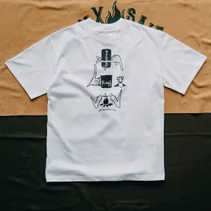 White "Weekend Plans" cotton T-shirt featuring an artistic abstract motif, hand-printed with silkscreen—unisex fit for all, ideal for teams and a thoughtful gift for coworkers.