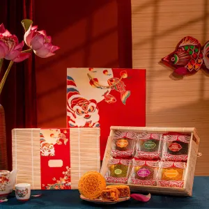 "Moons Of Serenity Mid-Autumn gift box a touch of peace for reunion season, 6 moon cake gift set Vietnamese bamboo souvenirs as moon festival gift
