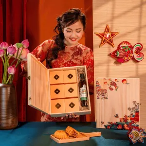 Dreamlike Quartet Mid-Autumn gift box complete reunion season, moon cake gift set with wine or tea luxury corporate gift as Vietnamese souvenirs