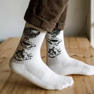 White cotton crew socks with Salaxsaler’s exclusive signature, crafted from soft thick cotton and hand-silkscreened—perfect travel socks, stylish fashion accessory, and unique souvenir.