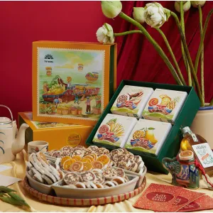 "Peaceful" Gift Box with fruit rolls and rice crackers – a natural sweet treat, specialty from the Mekong Delta, ideal Vietnamese corporate gift.